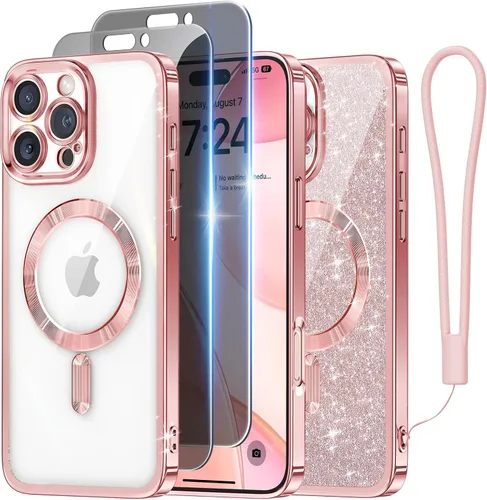 Miniatura 30 de Meifigno Candy Mag Series - Funda diseñada para iPhone 15 Pro, compatible con MagSafe, tarjeta con purpurina y correa de muñeca, protección completa