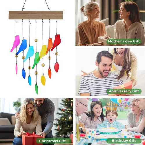 Miniatura 7 de Campanas de viento de vidrio coloridas para jardín y patio al aire libre - Campana de viento con diseño de pájaro hecha a mano, regalo perfecto