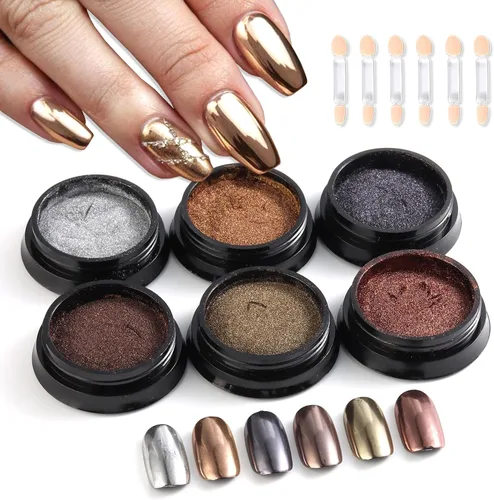 Polvo de uñas cromado, efecto espejo, polvo metálico, 6 colores, bronce, marrón, negro, oro rosa, holográfico, purpurina cromada, pigmento en polvo