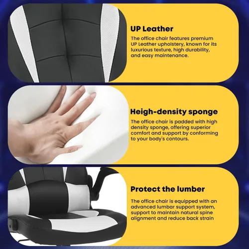 Miniatura 6 de Ruesleag Silla ergonómica para juegos de PC, silla de oficina con soporte lumbar, reposabrazos abatibles, reposacabezas de piel sintética, silla
