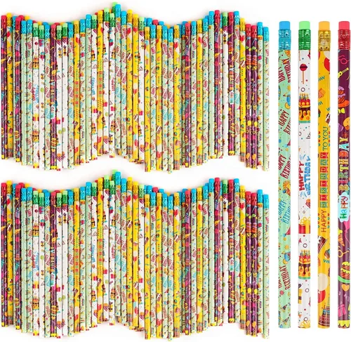 Kolewo4ever 100 lápices de feliz cumpleaños, lápices de cumpleaños impresos coloridos con borradores superiores para profesores, aulas, recompensa,