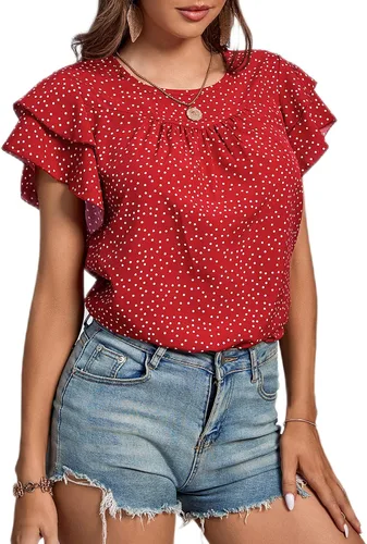 Miniatura 4 de LYANER Blusa de manga corta con cuello redondo y volantes para mujer