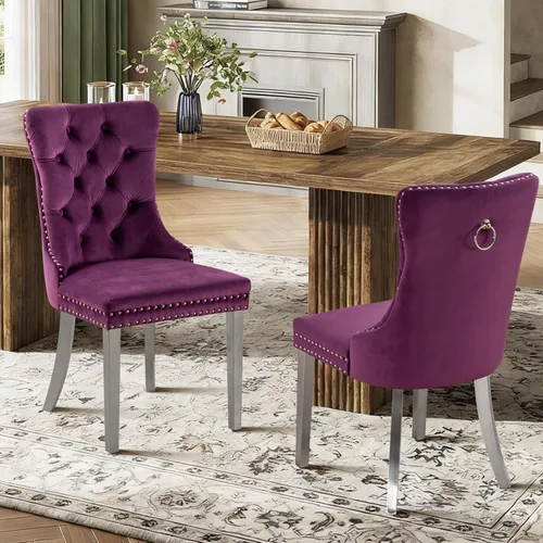 Miniatura 66 de Juego de 2 sillas de comedor de terciopelo tapizadas con ribete de cabeza de clavo y patas doradas chapadas en acero inoxidable para cocina