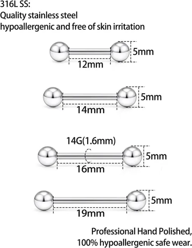 Miniatura 2 de Kit de piercings – Juego de piercings para lengua, pezón y puente, anillos para lengua incluidos Tono-plateado