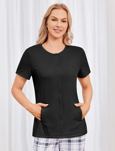 Miniatura 7 de Deyeek Camisas de mastectomía con bolsillos de drenaje para cirugía lateral de hombro para mujer, camisas de quimioterapia para acceso a puertos