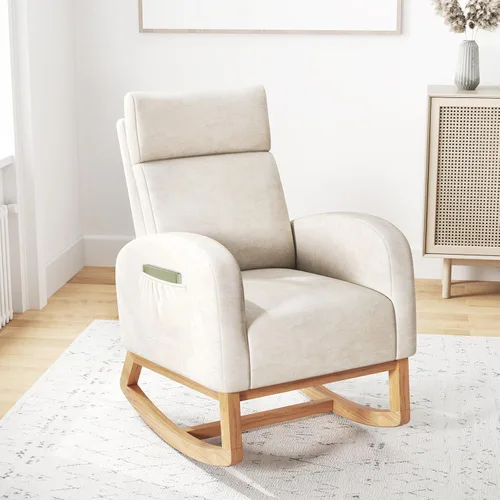 Miniatura 2 de Giantex Mecedora para guardería, silla mecedora tapizada de felpilla con bolsillo lateral, marco de madera de goma natural, respaldo alto, sillón