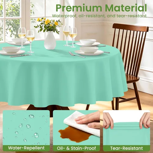 Miniatura 4 de Paquete de 2 manteles redondos desechables color aguamarina, manteles de plástico aguamarina desechables para fiestas, 84 x 84 pulgadas, mantel