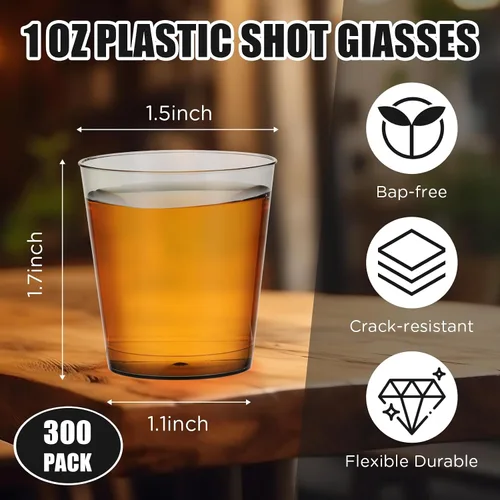 Miniatura 2 de Tioncy 300 vasos de chupito de plástico de 1 onza, reutilizables para bodas, fiestas, muestras y degustaciones, color negro