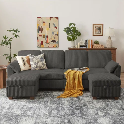 Miniatura 24 de Sofá en forma de U de 102.3 pulgadas con 2 otomanas móviles y 1 mesa auxiliar, se convierte en sofá cama, incluye 2 almohadas para reposabrazos