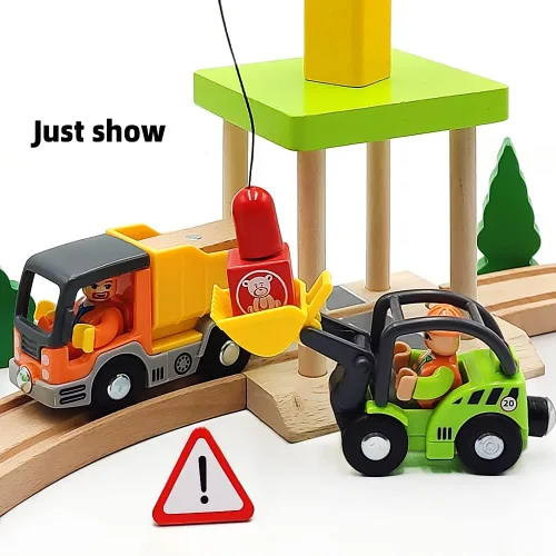 Miniatura 5 de Set de vagones de tren de madera con pista Accesorios para pista de tren con excavadora y camión volquete Vehículos pequeños Vagones de tren