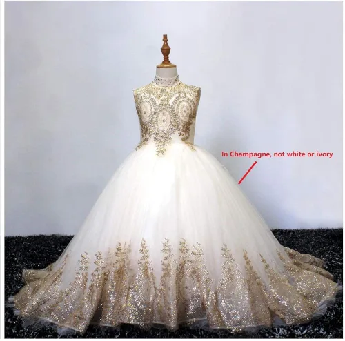 Miniatura 2 de Vestido de fiesta de tul de encaje dorado para niñas, vestido de baile largo hinchado