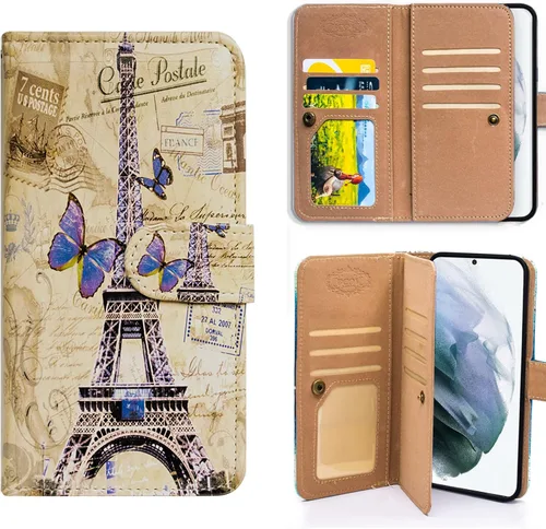 Bcov Funda para Samsung Galaxy S22, Postal de la Torre Eiffel multifunción Funda de cuero para teléfono con múltiples ranuras para tarjetas, correa
