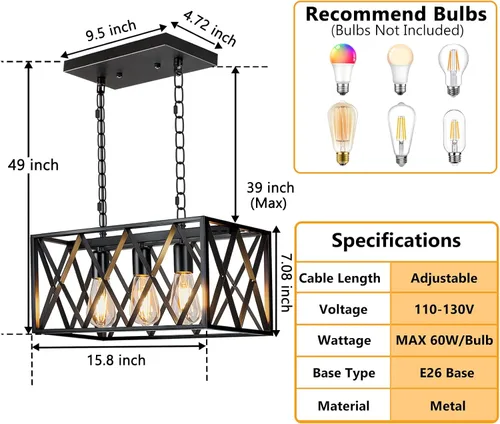 Miniatura 4 de Pynsseu - Iluminación colgante para isla de cocina industrial, rectangular, estilo vintage rústico, lámpara colgante de 3 luces, para cocinas