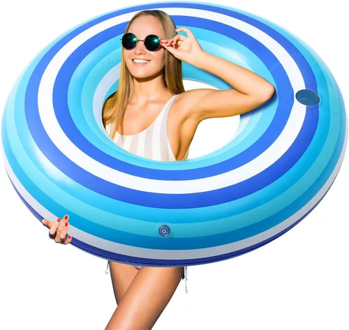 Flotadores inflables gigantes de 50 pulgadas con diseño de rayas azules en forma de dona, flotadores de piscina para adultos, juguetes para