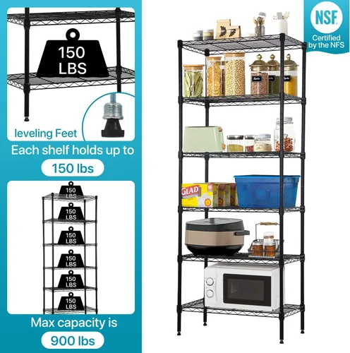 Miniatura 3 de Estantería de 6 alambres ajustable, estante de almacenamiento de metal con patas niveladoras para armario, lavandería, despensa, cocina, garaje