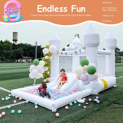 Miniatura 10 de Casa inflable saltarina blanca de 12.5 pies x 7.1 pies con tobogán y piscina de pelotas, juguetes para interiores y exteriores para niños activos