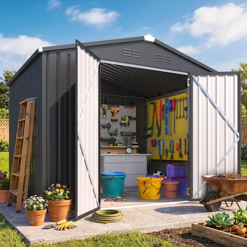 Miniatura 20 de AECOJOY Cobertizo de almacenamiento de metal para exteriores de 4 x 6 pies, cobertizo de herramientas de jardín resistente con puerta doble con Gris