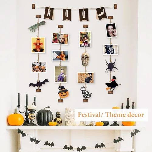 Miniatura 4 de Emfogo Decoración de pared para fotos, exhibición de fotos colgante de madera, decoración de 5 cuerdas con 30 clips, cordeles ajustables