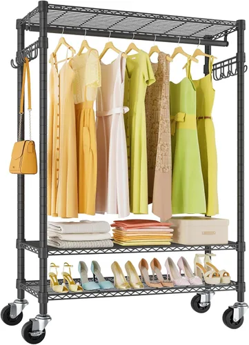 Miniatura 12 de VIPEK R3 - Percheros medianos con ruedas con cerradura, perchero resistente con estantes ajustables, barra para colgar y ganchos laterales, Negro