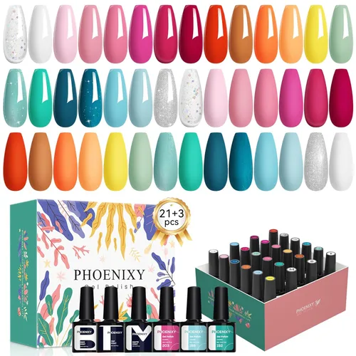 phoenixy Juego de 24 esmaltes de uñas en gel, kit de uñas en gel removible de 21 colores, nude rosa rojo azul verde amarillo naranja, juego de