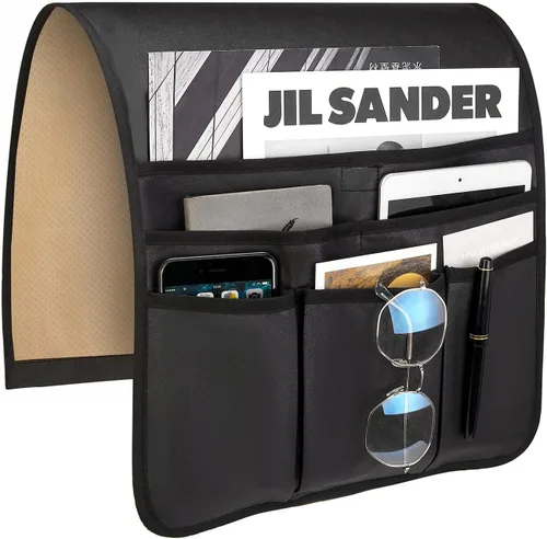 Teniux Soporte para Control Remoto de Cuero Sintético Organizador de Reposabrazos con 6 Bolsillos para sillón reclinable sofá, Organizador de Sillón