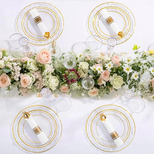 Miniatura 6 de Ciaell 350 piezas de platos de plástico transparentes con ribete dorado para 50 invitados, incluye 100 platos de plástico, 50 servilletas Claro