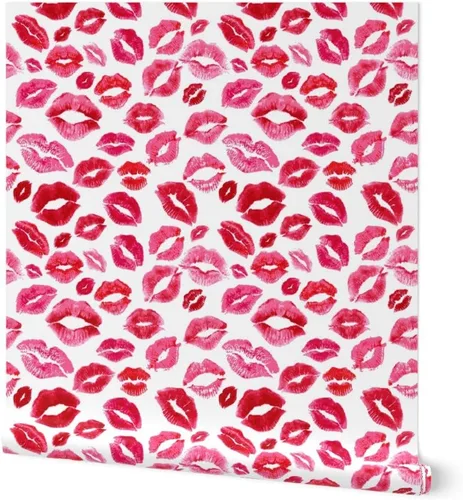 Spoonflower Papel tapiz para despegar y pegar - Love Lips Red Valentine Beauty Lipstick Besos Acuarela Día de San Valentín Femenino Maquillaje Papel