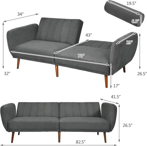 Miniatura 3 de KOMFOTT Sofá cama futón convertible, sofá biplaza de tela de lino moderno con respaldo dividido y ajustable, 6 patas de madera maciza, esponja