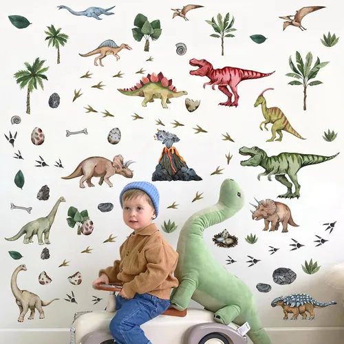Miniatura 3 de Calcomanías de pared grandes de dinosaurio para despegar y pegar, calcomanías de pared de huellas de dinosaurio, hojas tropicales, palmeras