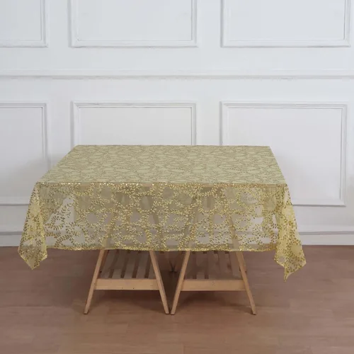Miniatura 9 de Efavormart - Superposición de mesa de tul bordado de hojas de lentejuelas doradas de 72 x 72 pulgadas, mantel cuadrado transparente