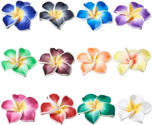 Miniatura 10 de Craftdady 200 cuentas sueltas de arcilla polimérica Plumeria Flower Spacer de 0.472 x 0.315 in, colores mezclados al azar, 5 pétalos, cuentas Flores