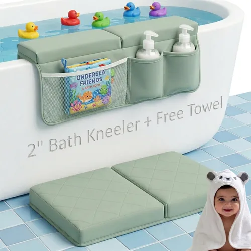 Miniatura 5 de Juego de rodilleras y coderas de baño extra gruesas de 2 pulgadas + toalla con capucha con almohadilla bordada para bañar al bebé. Alivio del dolor