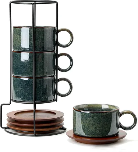 Miniatura 19 de LUKA - Juego de 4 tazas de café espresso apilables de cerámica con tablero de ajedrez en blanco y negro de 6 onzas, con platillos y soporte