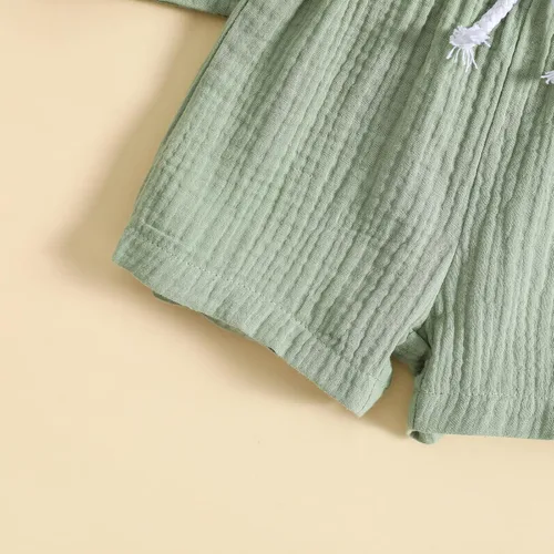 Miniatura 7 de Conjunto de 2 piezas de camiseta de algodón y lino de manga corta y pantalones cortos elásticos, 2 piezas, ropa casual de verano