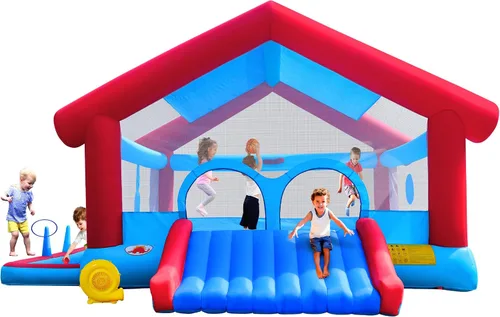 WELLFUNTIME Casa Saltarina Inflable, Gran Tienda con Sombra, Castillo Saltarín con Inflador, 5.45 m L x 4.51 m A x 2.99 m H, Saltarín para 6 Niños,