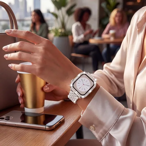 Miniatura 5 de compatible con Apple Watch de 1.496 pulgadas 1.575 pulgadas 1.654 pulgadas 1.732 pulgadas con funda para mujer, correa de metal con diamante