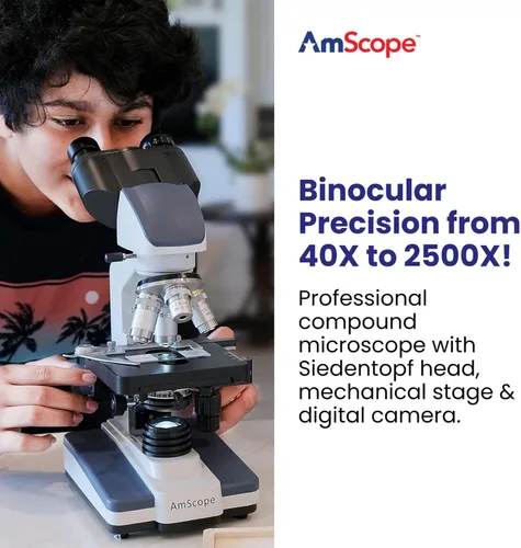 Miniatura 2 de AmScope Serie B120 Microscopio compuesto binocular LED para estudiantes y profesionales - Aumento 40X a 2500X - Incluye cámara USB 2.0 de 0.3MP