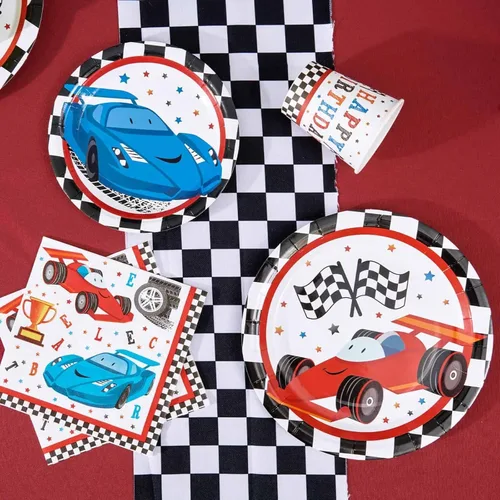 Miniatura 3 de WERNNSAI Decoraciones de fiesta de autos de carreras, 64 piezas, platos de automóvil, servilletas y tazas, vajilla temática a cuadros para niños