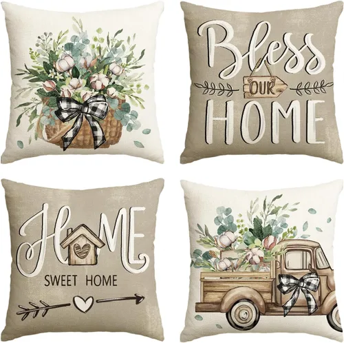 Miniatura 20 de AVOIN colorlife - Fundas de cojín estilo granja con mensaje Bless Our Home, diseño de hojas de eucalipto y camión azul Home Sweet Home, 16 x 16
