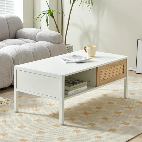 Miniatura 8 de Mesa de centro moderna de mediados de siglo con almacenamiento, mesa rectangular de madera de 40.16 pulgadas con panel de puerta deslizante de ratán