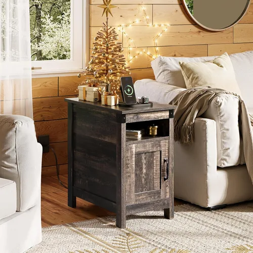 Miniatura 6 de WLIVE - Mesa auxiliar con estación de carga; mesa auxiliar estrecha para sala de estar, mesa de noche de estilo granja con almacenamiento, pequeño