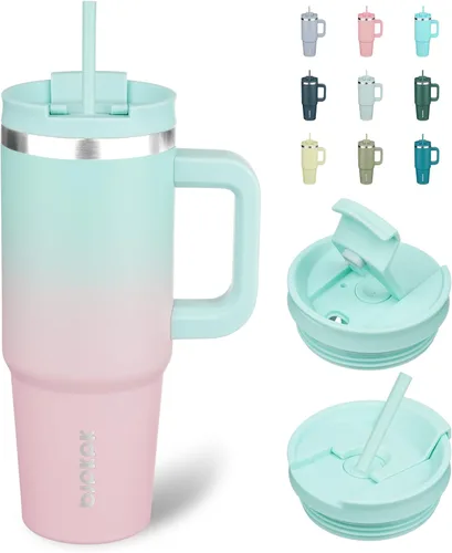 Miniatura 34 de BJPKPK - Vasos con aislamiento térmico, con asa y pajilla, vasos térmicos de acero inoxidable de 40 onzas con tapa, color rosado claro Rosa claro