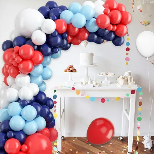 Miniatura 6 de Kit de arco de globos rojos, blancos y azules, globos de látex azul marino perla azul claro, rojo y blanco, guirnalda de globos de cumpleaños azul