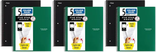 Miniatura 8 de Five Star Cuaderno de espiral + aplicación de estudio, 5 materias, papel rayado universitario, 11 x 8-1/2 pulgadas, 200 hojas, negro y verde bosque