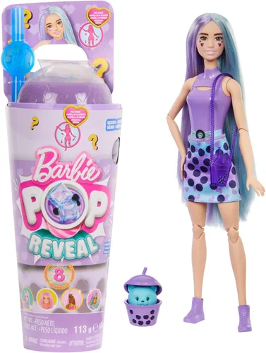 Muñeca Barbie Pop Reveal y Accesorios, Serie Bubble Tea con Mascota, 8 Sorpresas Incluyen Cambio de Color, Taza con Almacenamiento (Los Estilos