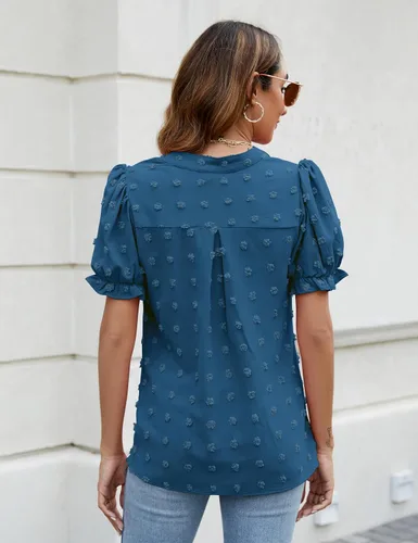 Miniatura 5 de Blooming Jelly Blusas de verano con mangas abombadas para mujer, blusas de gasa de manga corta con cuello en V blanco, camisas con pompones