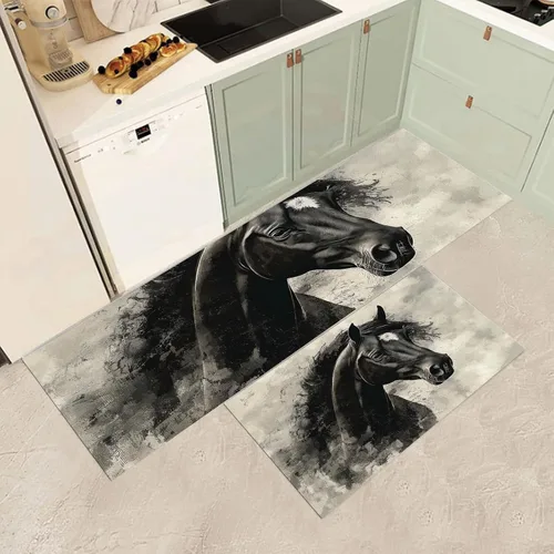 Miniatura 2 de Juego de 2 piezas de tapetes de cocina, estilo retro abstracto negro Horsetapete para antifatiga, tapetes de interior, oferta para decoración