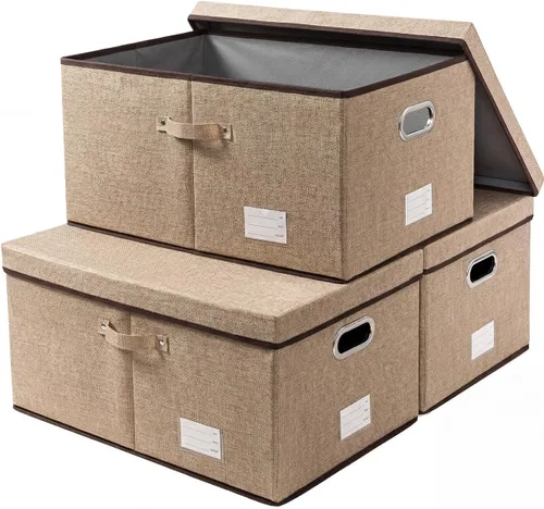Miniatura 75 de PRANDOM Contenedor de almacenamiento plegable con tapa [1 unidad] Caja de almacenamiento decorativa de tela de lino, cesta organizadora con asas
