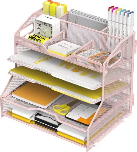 Miniatura 14 de YINGHUA Bandeja organizadora de cartas de papel de 5 niveles con 6 compartimentos ajustables superiores y soporte para archivos, clasificador de 5