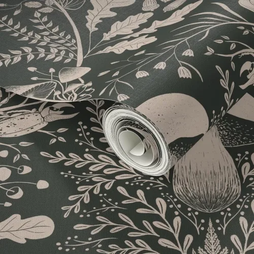 Miniatura 2 de Papel tapiz para despegar y pegar, diseño de damasco de bosque de hongos, verde oscuro, bosque, caracol, helecho, bellota, papel tapiz extraíble